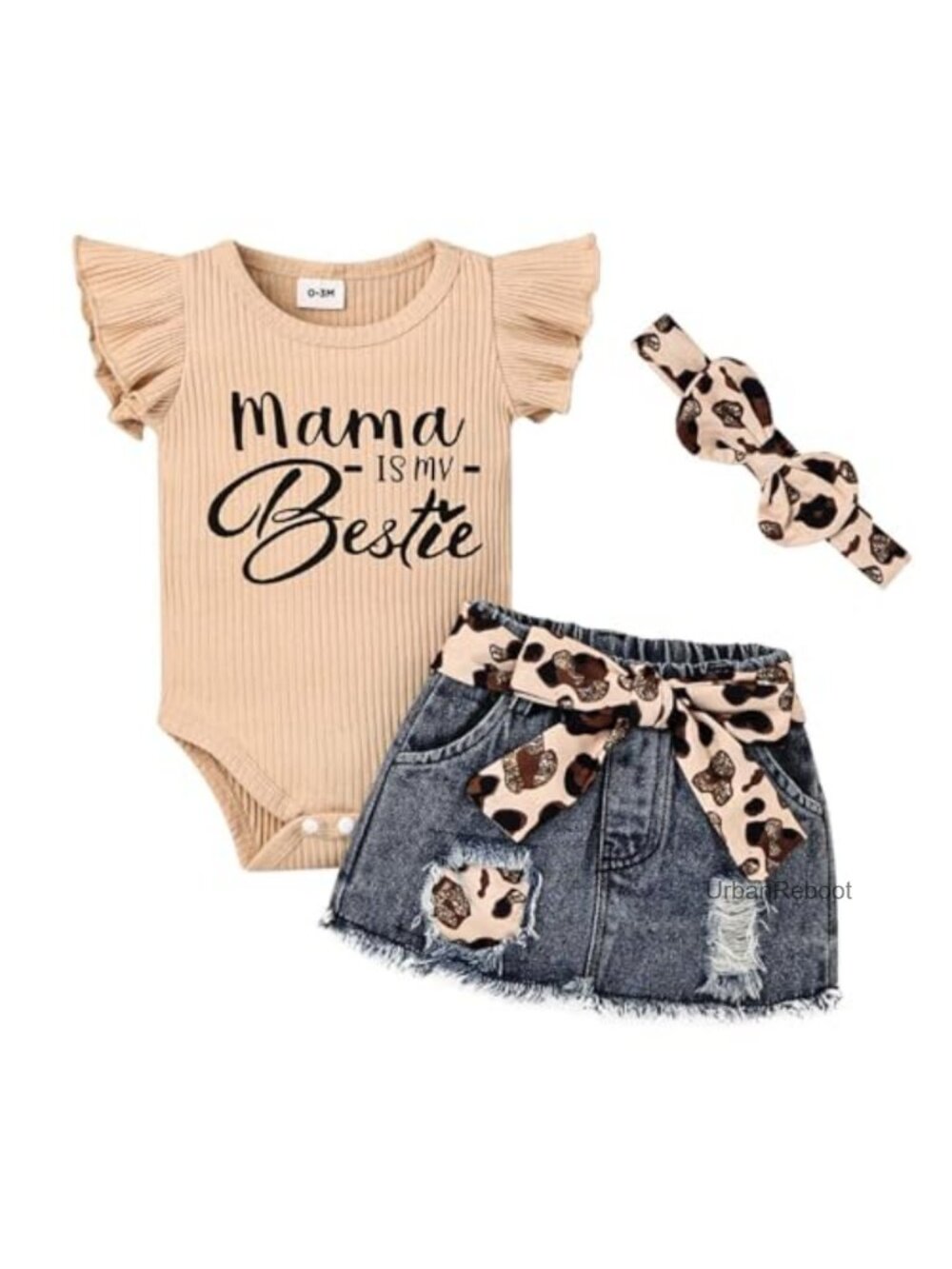 Baby Girl Ribbed Cotton Romper Set with Denim Skirt and Headband